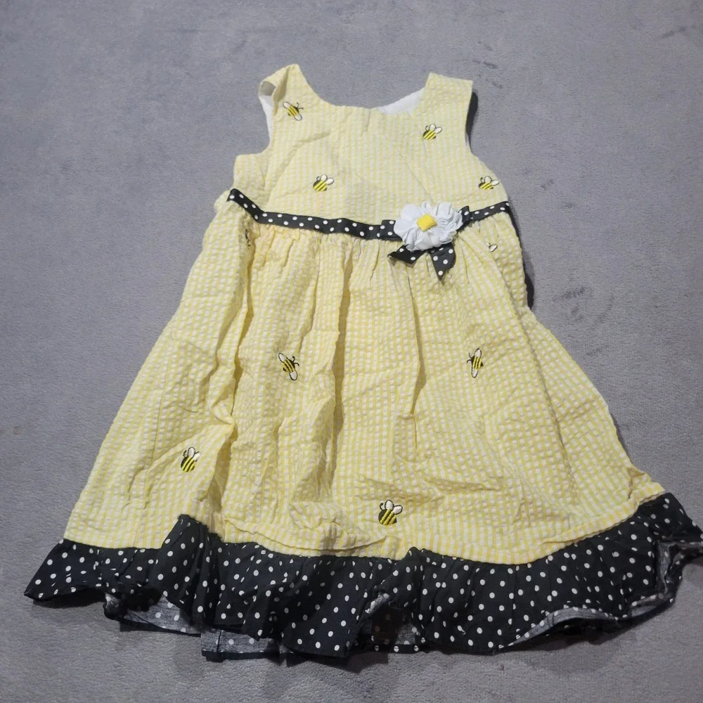 Counting Daisies Dress Girls 4T Yellow Bee Seersucker Gingham Polka Dot S912142
